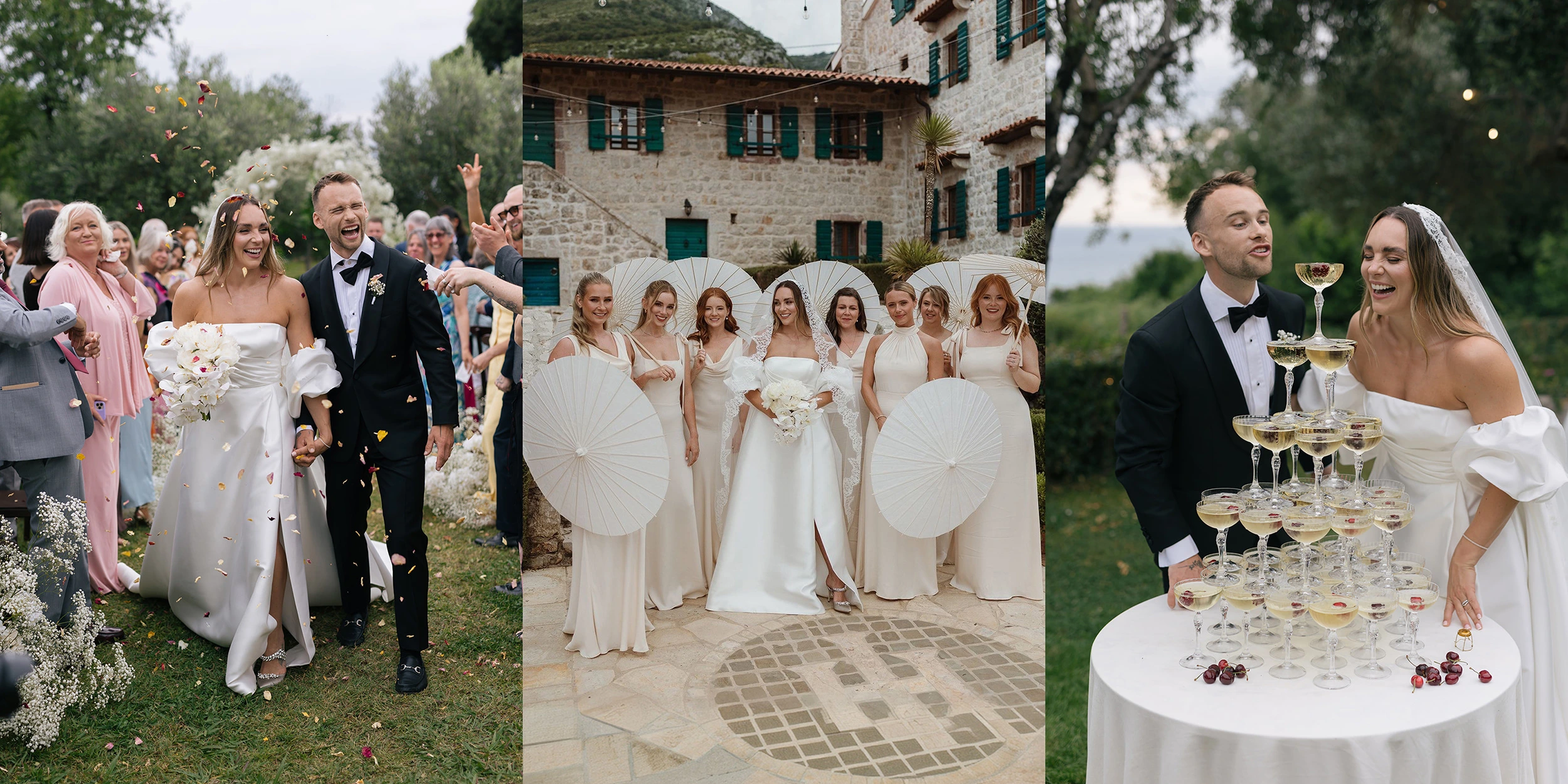 Flottie wedding decor and organisation: joyful garden wedding moments featuring the bride with bridesmaids holding parasols, a couple walking through confetti, and a champagne tower for the A Garden Vow project
