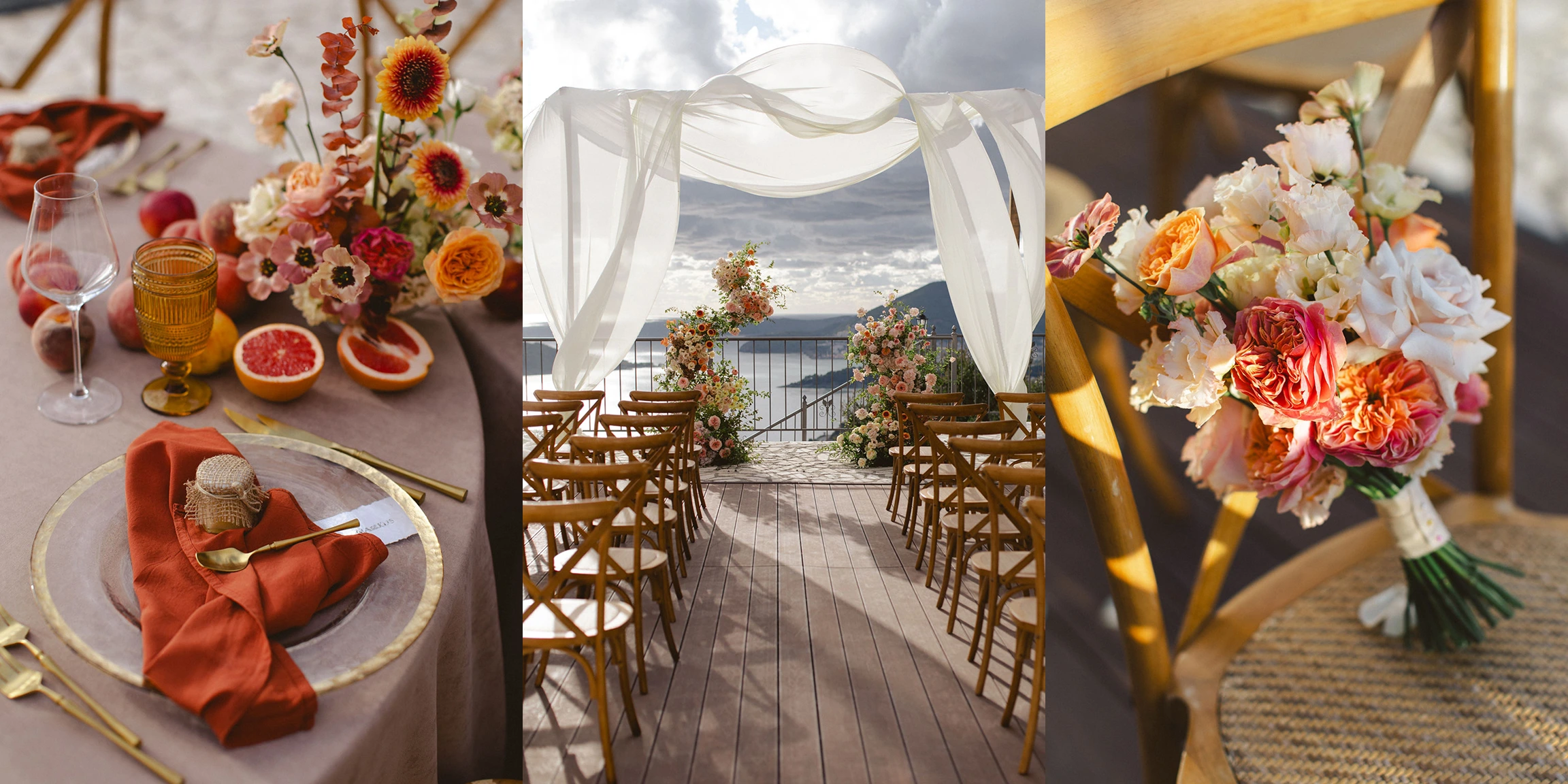 Flottie wedding decor and organisation: portfolio highlights of the Peach Haze wedding project showcasing a draped outdoor ceremony arch, vibrant orange-toned floral centerpieces, and citrus styling