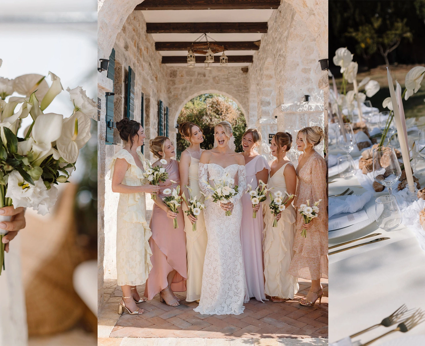 Flottie wedding decor and organisation: portfolio highlights of the Effortless Elegance wedding project showcasing a white calla lily bouquet, the bride with bridesmaids in neutral tones under a stone arch, and refined tableside details